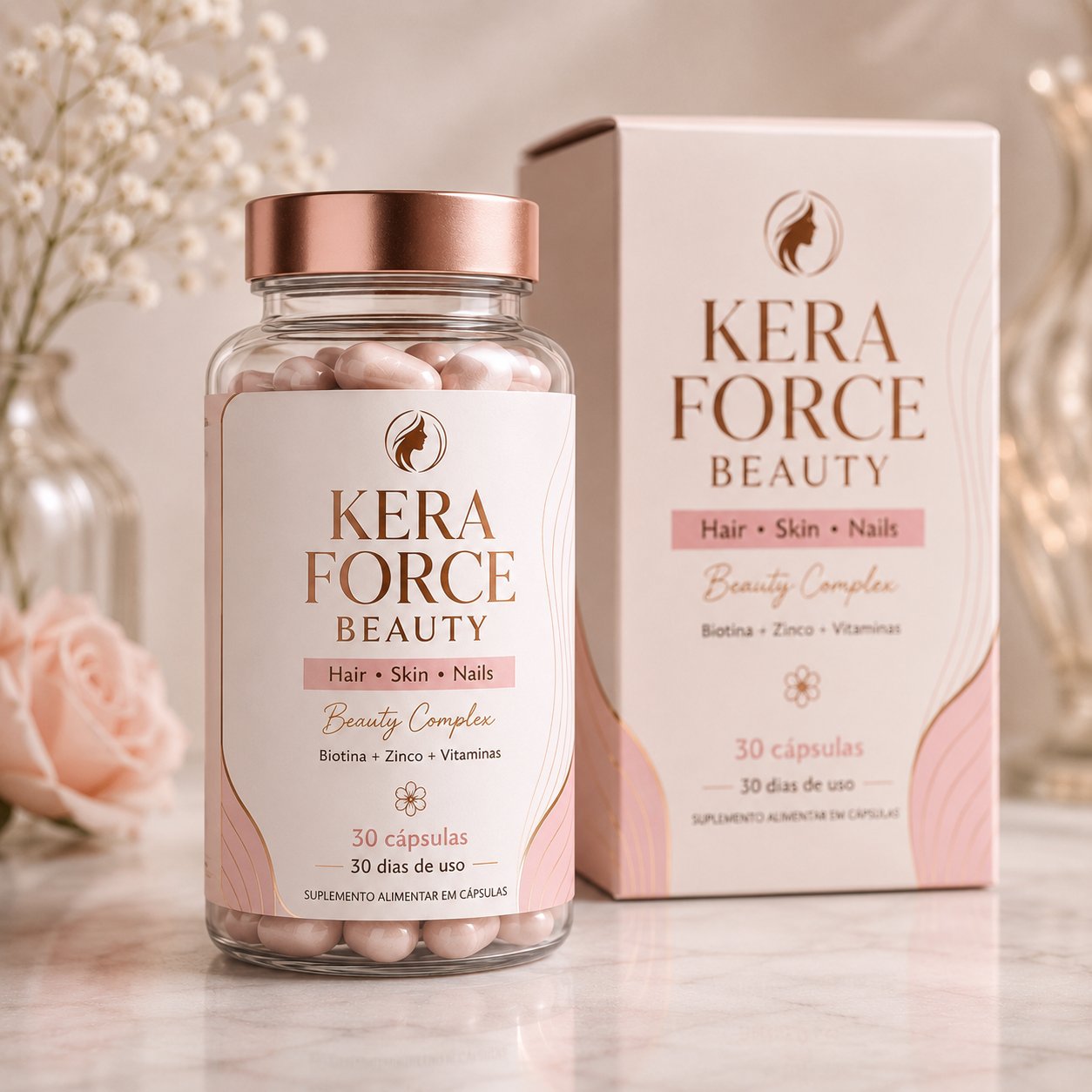 Kera Force Beauty - pote e caixa em ambiente premium
