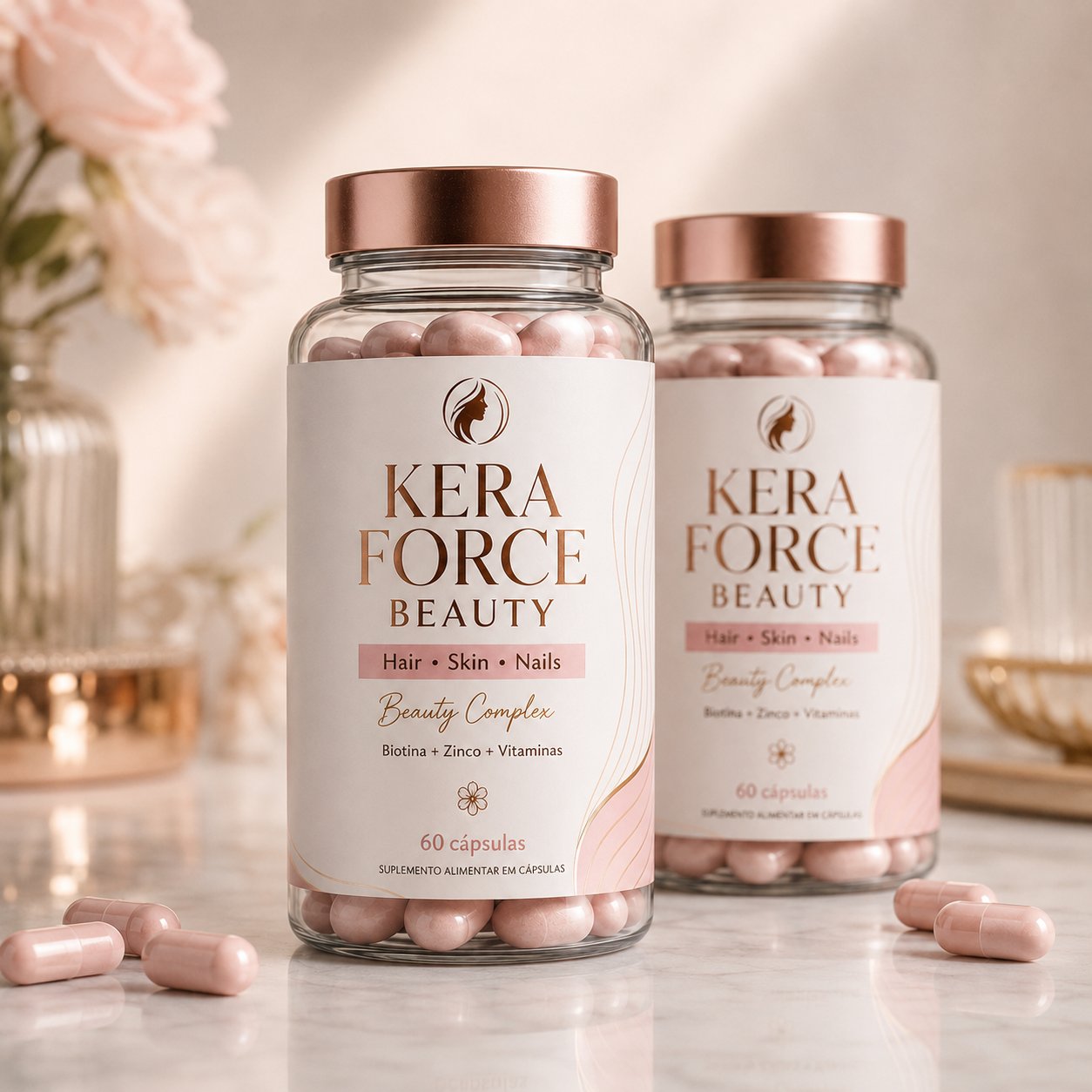 Kera Force Beauty - duas embalagens em composição floral