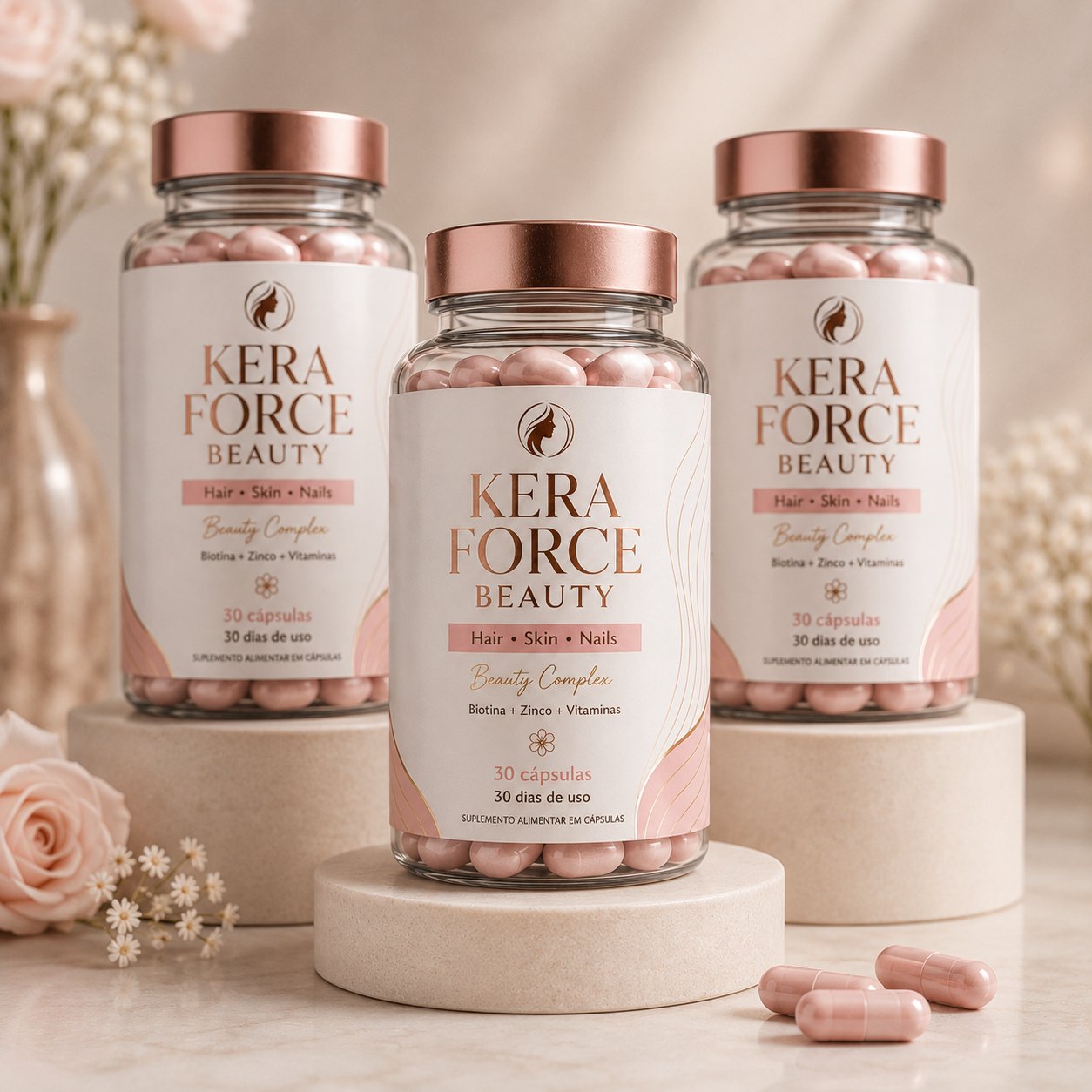 Kera Force Beauty - três potes em fundo cremoso