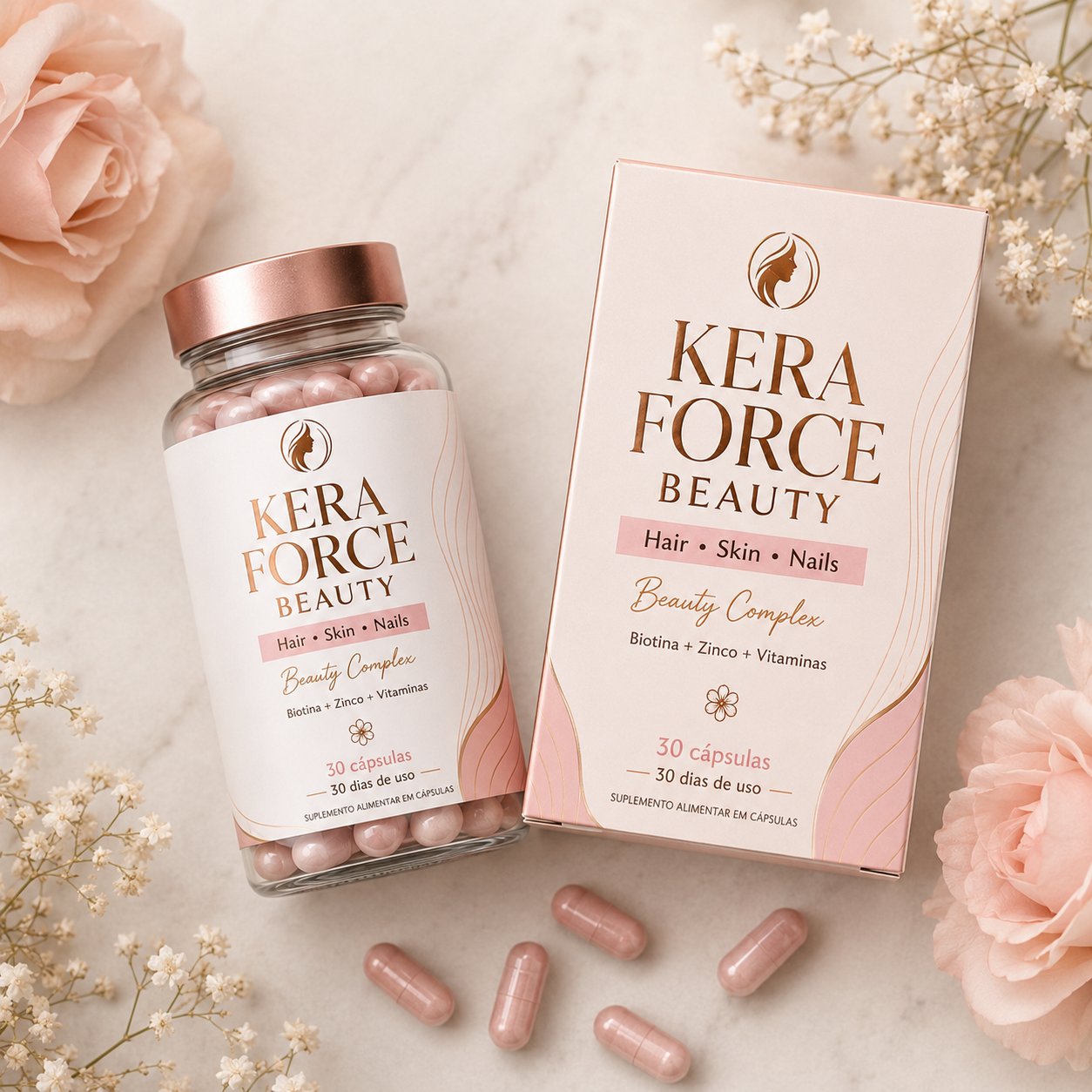 Kera Force Beauty - flat lay com cápsulas rosadas