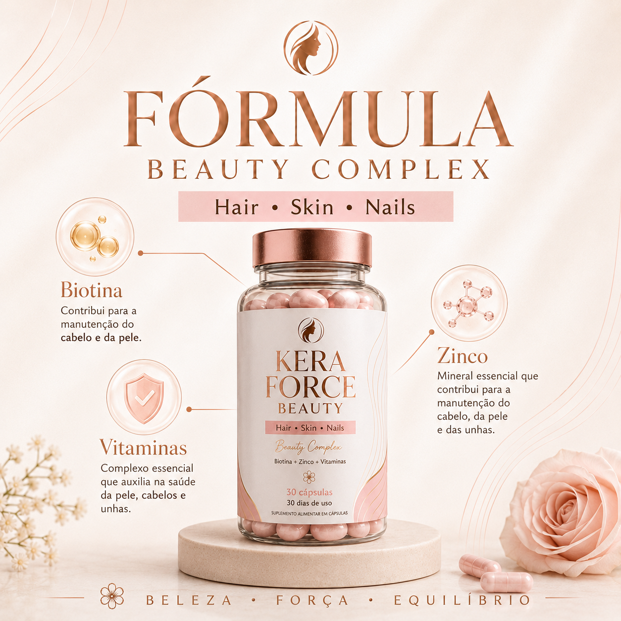 Fórmula Beauty Complex Kera Force com Biotina, Zinco e Vitaminas