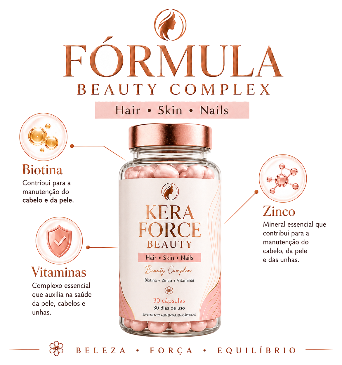 Fórmula Beauty Complex Kera Force com Biotina, Zinco e Vitaminas